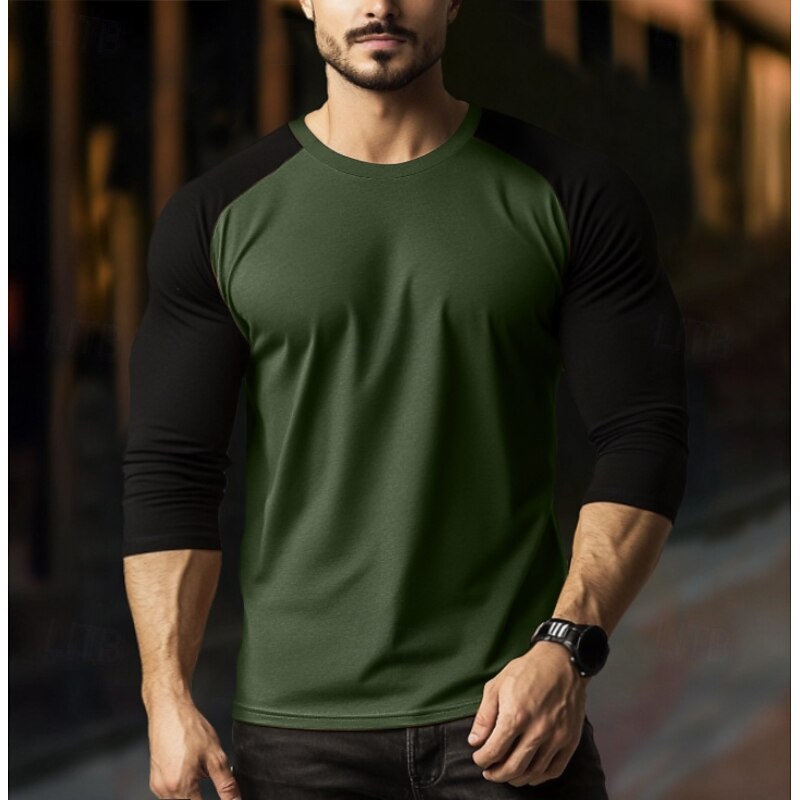 Men's T Shirt Long Sleeve Crew Neck Spring Fall Spring &  Fall Solid Color Knitwear Vintage Fashion Crewneck Color Block Outdoor Causal Casual Yellow Red khaki Top Tee for Men4