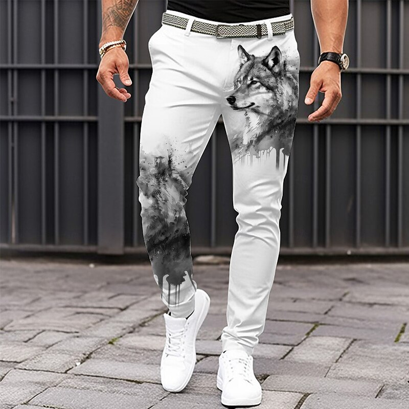 Men's Wolf Dress Pants Mid Waist Casual Formal Dailywear Zipper Pocket Summer Spring Fall 3D Print Black White Yellow3
