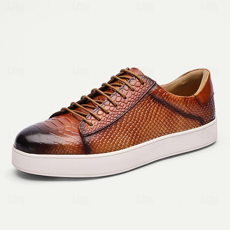 Men's Premium Cowhide Leather Sneakers - Brown Crocodile Pattern Lace-Up Casual Shoes for Daily Wear and Fashion Outfits2