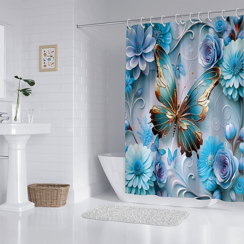 Shower Curtain with Hooks 180cm*180cm(70"*70") Polyester Washable Waterproof Floral Butterfly Pattern Bathroom Decor4