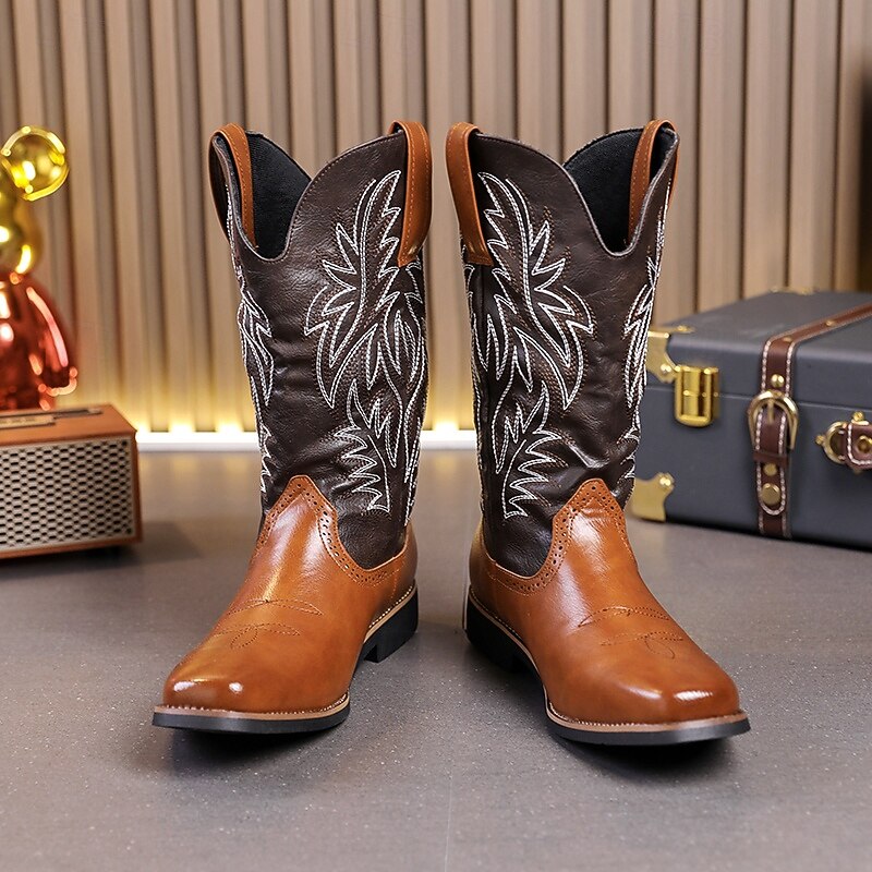 Men's Two-Tone Western Cowboy Boots – Vintage Style with Embroidered Shaft, Brown and Black  Faux Leather, Perfect for Rodeo or Casual Wear2
