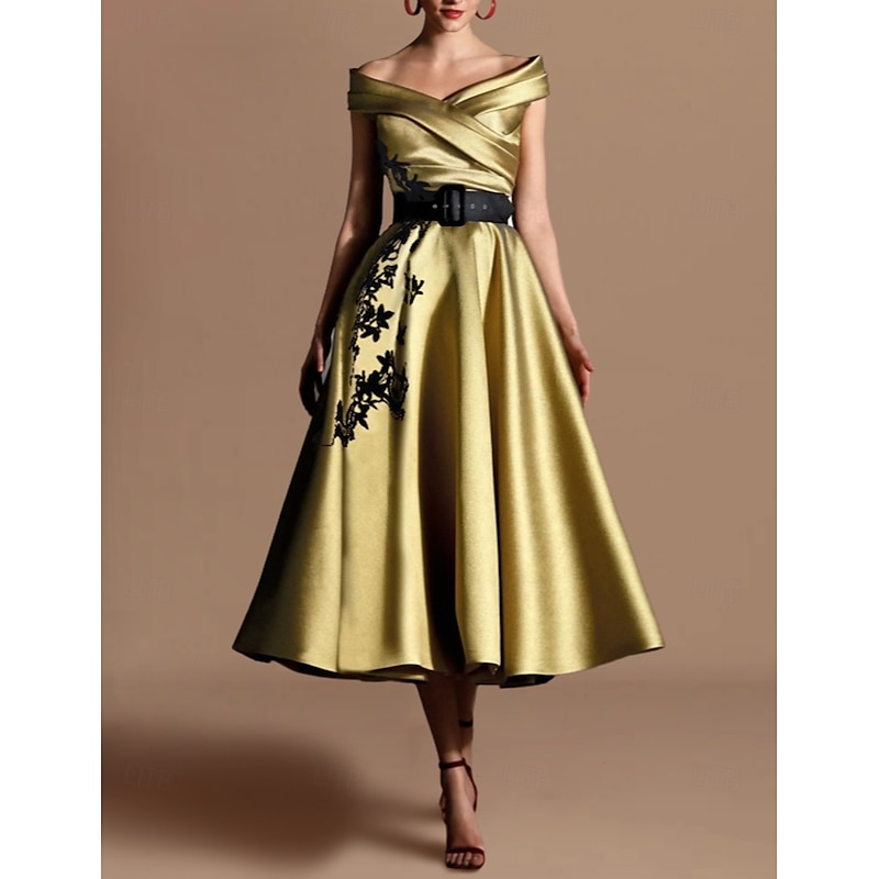 A-Line Gold Cocktail Dresses Elegant Dress Formal Wedding Guest Tea Length Sleeveless Off Shoulder Satin with Pleats Appliques Dresses