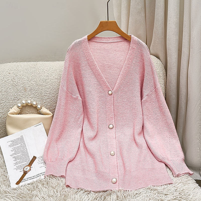Women's Cardigan Fashion Streetwear Daily Solid Color V Neck Knitted Long Sleeve Long Tops Knit Work White Pink Fall Winter3