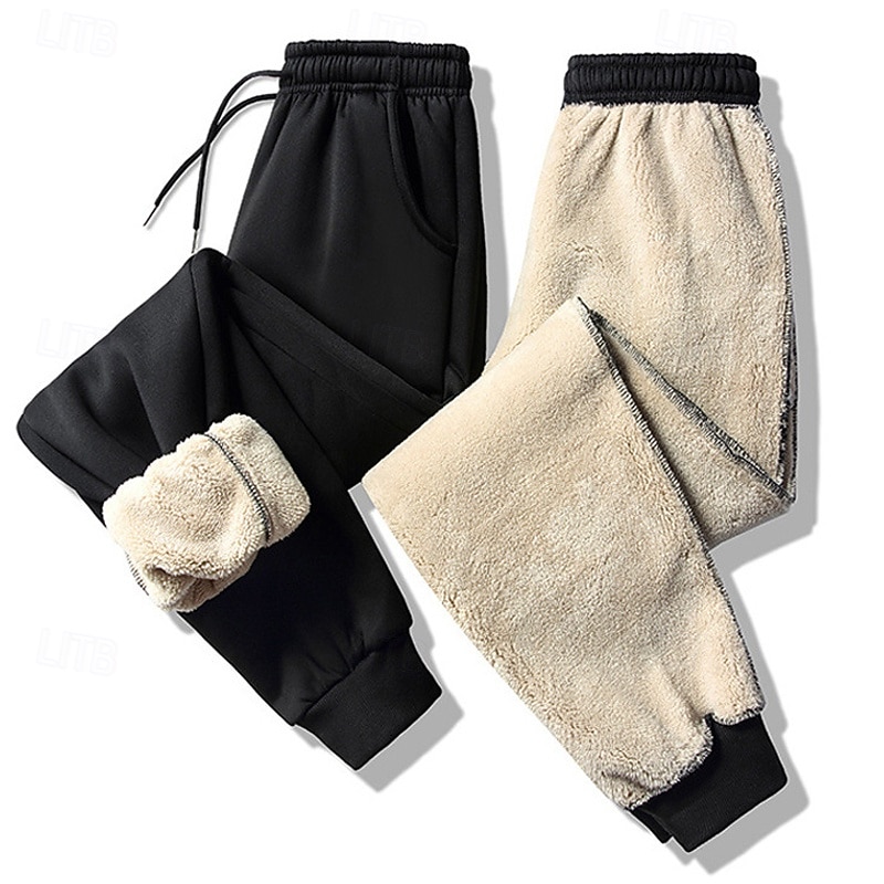 Men's Sherpa Fleece Pants Sweatpants Joggers Winter Pants Pocket Drawstring Elastic Waist Plain Warm Soft Casual Daily Fashion Streetwear Black-White Black Micro-elastic2
