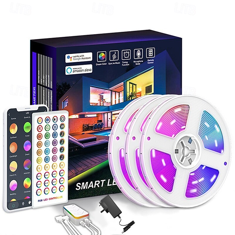 RGB Strip Lights Tuya Wifi Smart 5050 Bluetooth Voice Music Control 40 Key Remote APP Control Alexa for Living Room Bedroom Decoration 5M/10M/15M/20M3