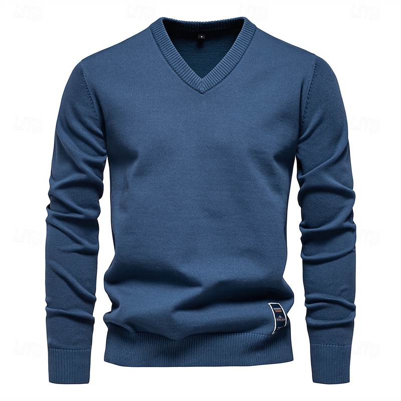 Mens V-neck Solid Cotton Pullover Sweaters Long Sleeve Casual Social Knitted Sweaters for Men