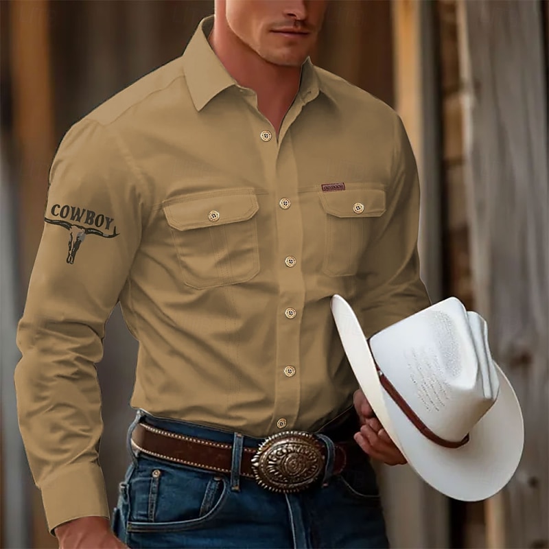 Men's Cow Work Shirt Western Shirt Cargo Shirt Long Sleeve Casual Tactical Sports & Outdoor Going out Winter Spring &  Fall Turndown Print Black off-white Khaki4