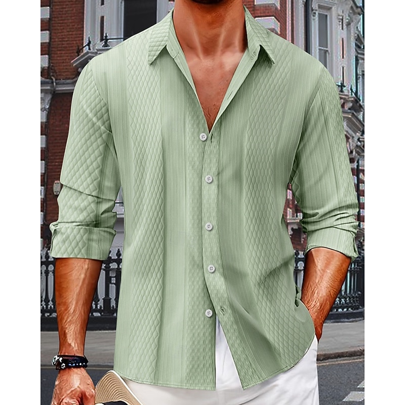 Men's Shirt Summer Shirt Button Up Shirt Casual Shirt Beach Shirt Black Navy Blue Blue Green Beige Long Sleeve Plain Lapel Hawaiian Holiday Jacquard Clothing Apparel Fashion Casual Comfortable3