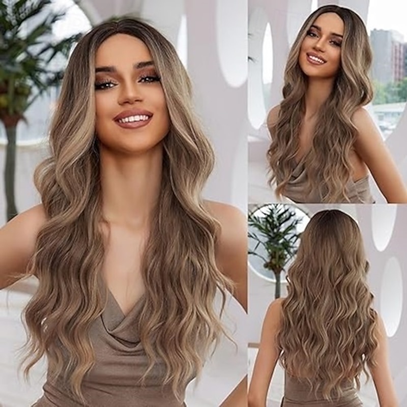 Long Wavy Wig with Bangs for Women Natural Butterfly Haircut  Layered Wavy Synthetic Wigs Curtain Bangs Curly Hair Daily Party Dating4