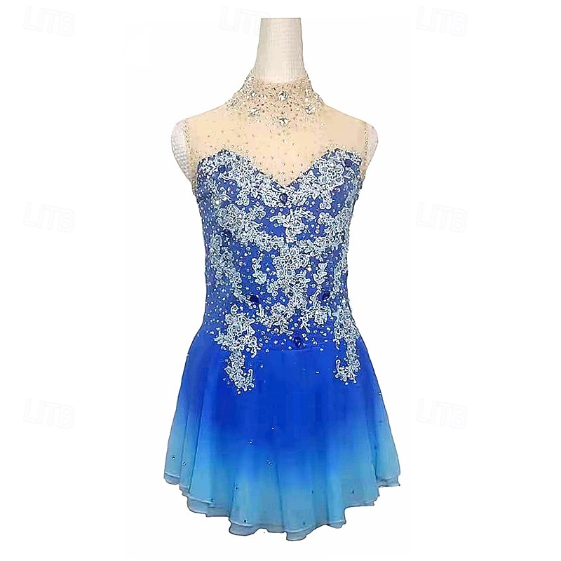 Figure Skating Dress Women's Girls' Ice Skating Dress Blue Patchwork Mesh High Elasticity Training Competition Skating Wear Classic Crystal / Rhinestone Sleeveless Ice Skating Figure Skating