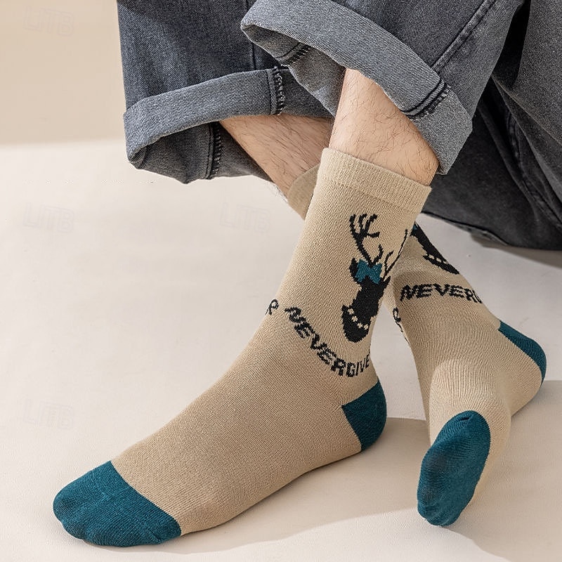 Men's 5 Pairs Multi Packs Socks Crew Socks Casual Socks Christmas Socks Rainbow Color Reindeer Christmas Daily Vacation Medium Spring Fall Fashion Casual3