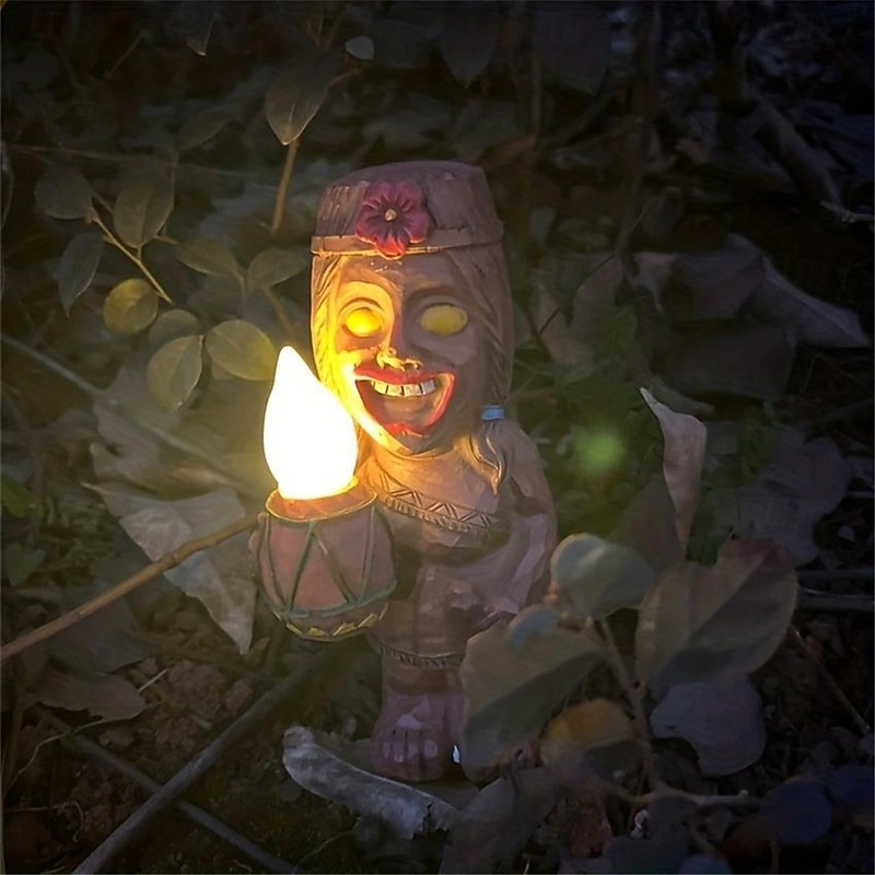 Totem Ornament Outdoor Miniature LED Light Resin Standing Lawn Solar Powered Garden Figurine Tiki Gift Porch Lifelike Craft 1PC4