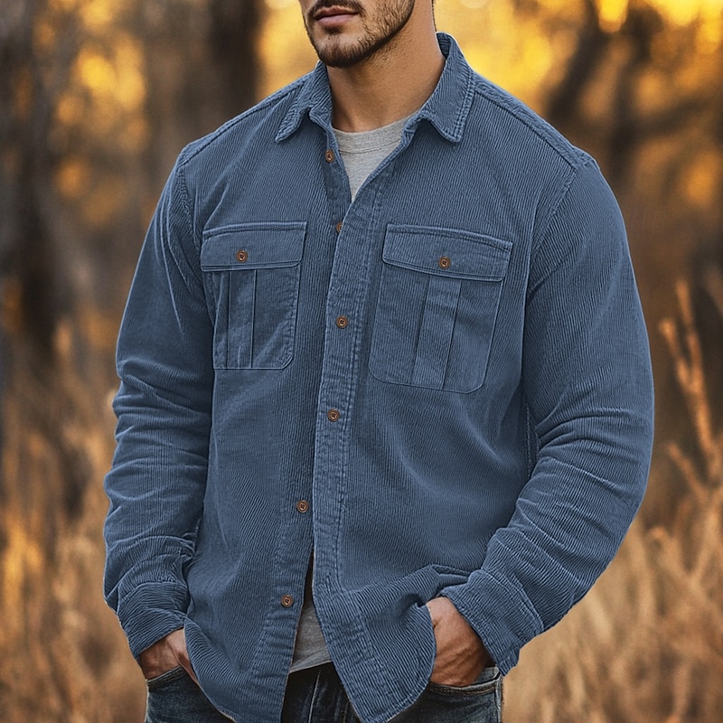 Men's Casual Shirt Corduroy Shirt Button Up Shirt Black Red Navy Blue Blue Green Long Sleeve Solid Color Lapel Vacation Street Pocket Clothing Apparel Warm Fashion Streetwear Outdoor
