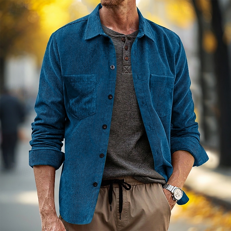 Men's Shirt Casual Shirt Corduroy Shirt Button Up Shirt Plain Vacation Daily Black Yellow Pink Blue Long Sleeve Collar Spring &  Fall Clothing Apparel Front Pocket4