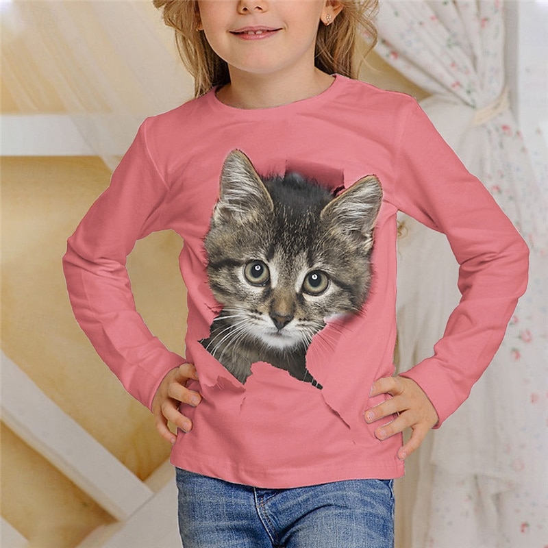 Girls' 3D Graphic Animal Cat T shirt Tee Long Sleeve Spring Fall Fashion Basic Kids 4-12 Years Crew Neck Outdoor Casual Daily Regular Fit4