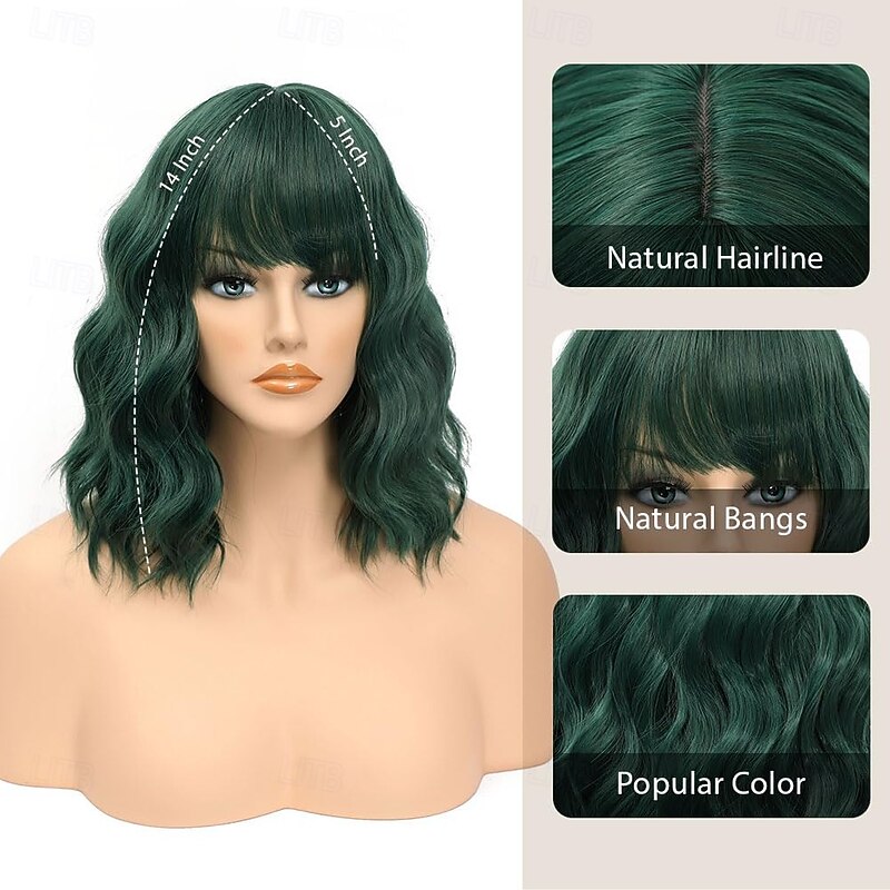 Wig with Bangs Short Wavy Wigs for Women Shoulder Length Curly Bob Wigs Heat Resistant Synthetic Wigs for Halloween Cosplay Daily Party Use2