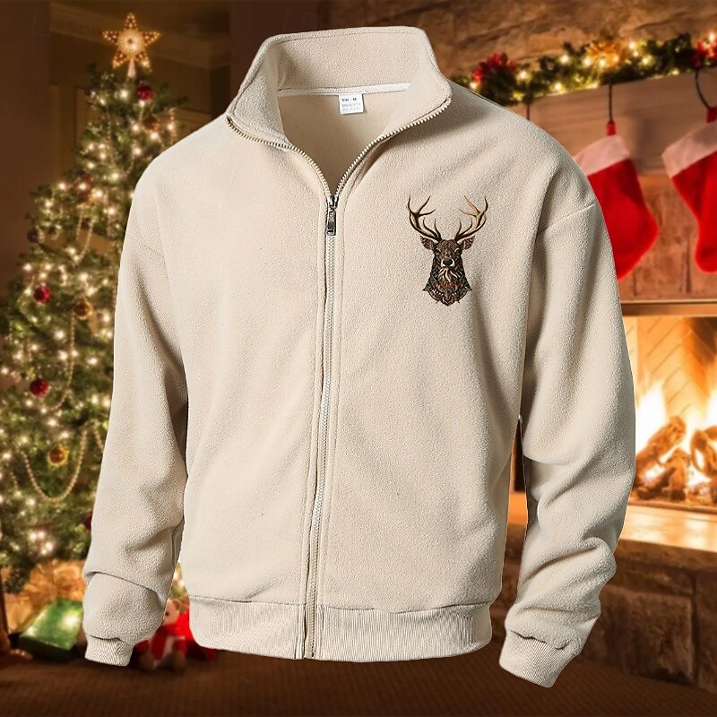 Men's Polar Fleece Jacket Casual Jacket Daily Vacation Warm Pocket Fall & Winter Reindeer Fashion Casual Stand Collar Regular Black Green Beige Gray Jacket4