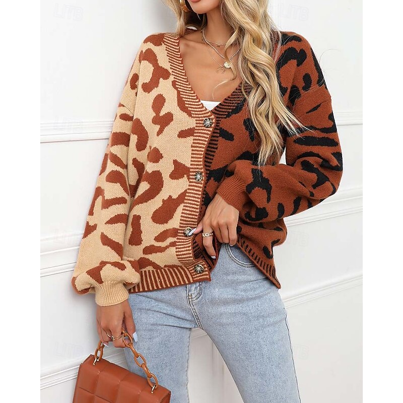 Women's Cardigan Fashion Daily Casual Leopard Color Block Print Open Front Knitted Long Sleeve Regular Tops Knit Formal Home Red Brown Fall Winter3