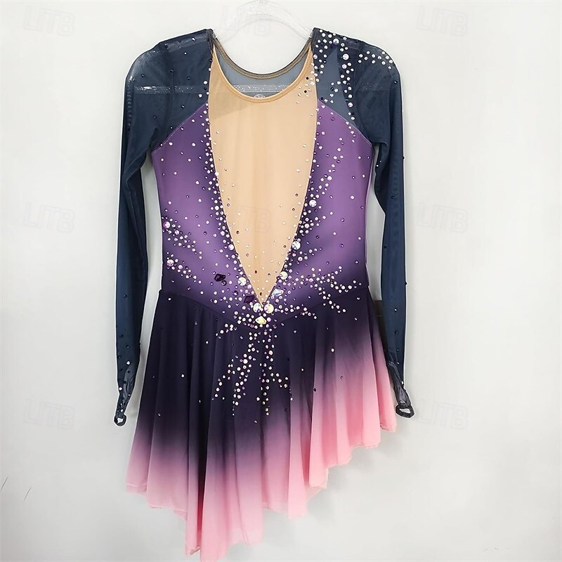 Figure Skating Dress Women's Girls' Ice Skating Dress Purple Patchwork Mesh High Elasticity Training Competition Skating Wear Classic Crystal / Rhinestone Long Sleeve Ice Skating Figure Skating4