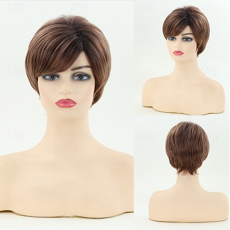 Brown Curly Pixie Wigs for White Women Short Fluffy White Hair with Bangs Natural Synthetic Heat Resistant Wig4