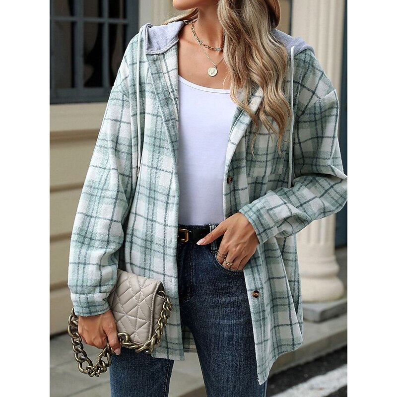 Women's Coat Outdoor Street Daily Wear Fall Winter Regular Coat Regular Fit Thermal Warm Breathable Stylish Casual Jacket Long Sleeve Stripes and Plaid with Pockets Green4