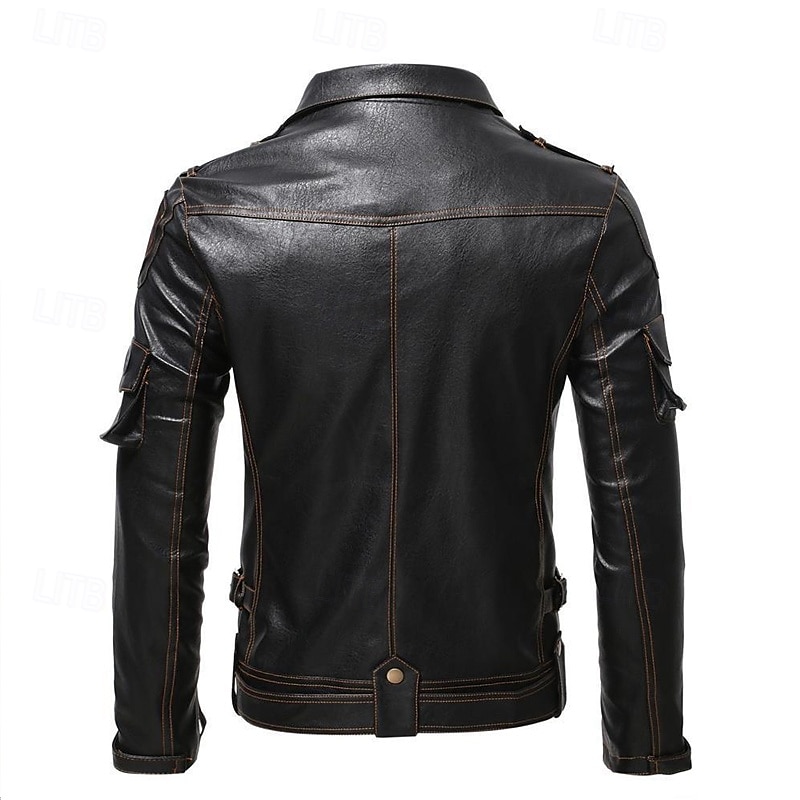 Men's Faux Leather Jacket Biker Jacket Vintage Leather Jacket Street Motorcycle Thermal Warm Pocket Spring &  Fall Solid Color Streetwear Casual Turndown Regular Faux Leather Black Brown Jacket4