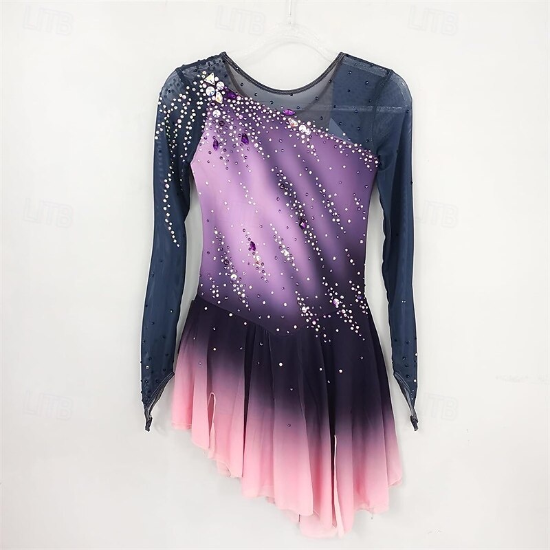 Figure Skating Dress Women's Girls' Ice Skating Dress Purple Patchwork Mesh High Elasticity Training Competition Skating Wear Classic Crystal / Rhinestone Long Sleeve Ice Skating Figure Skating3