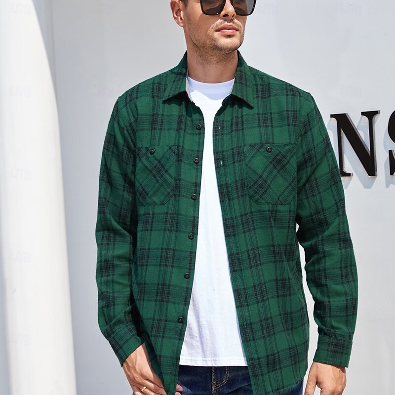 Men's Shirt Flannel Shirt Overshirt Plaid Outdoor Street Black White Red Navy Blue Long Sleeve Collar Spring &  Fall Clothing Apparel4