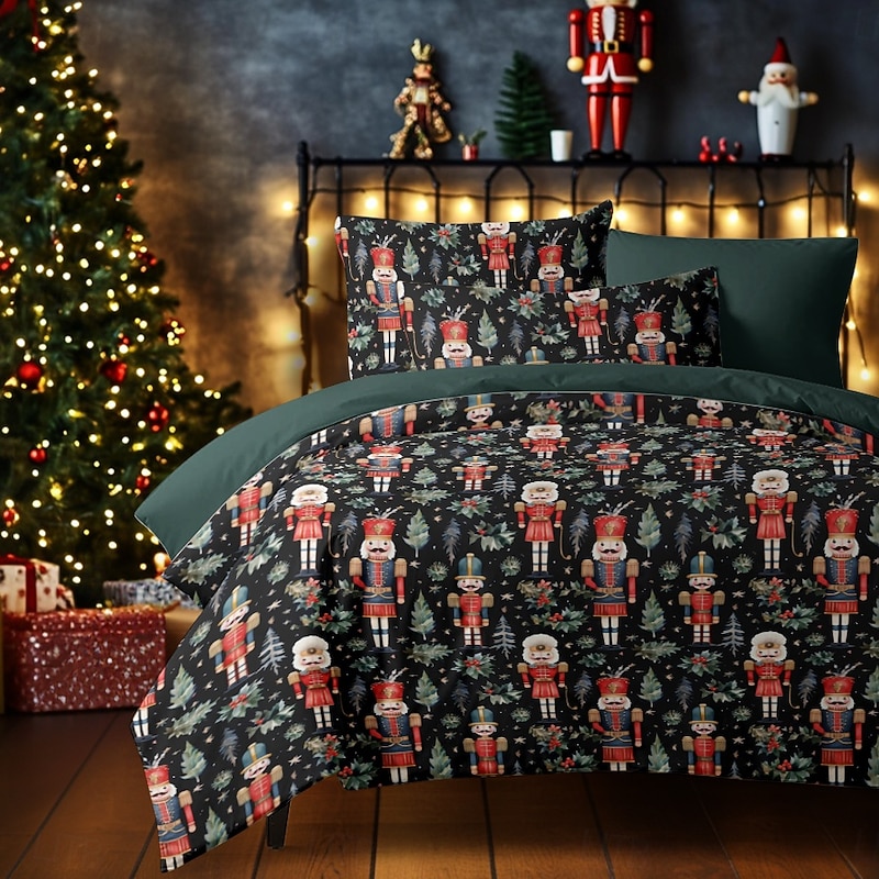 Christmas Duvet Cover Set Queen King Size with Nutcracker Design 100% Cotton Festive Holiday Bedding Includes Duvet Cover and Pillowcases Cozy and Stylish for Seasonal Bedroom Decor