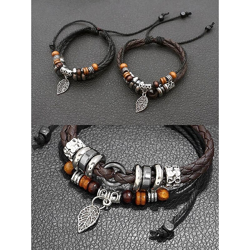 Men's Vintage Faux Leather Charm Bracelets with Wooden Beads and Silver Leaf Pendants - Bohemian Handmade Wristbands for Casual Wear4