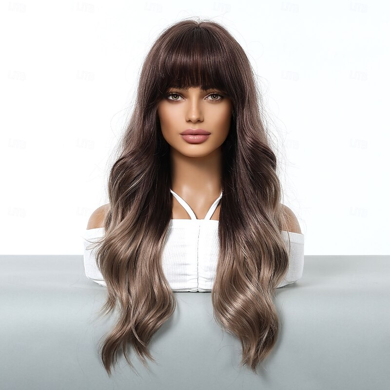 Synthetic Wig Uniforms Career Costumes Princess Curly Wavy Middle Part Layered Haircut Machine Made Wig 24 inch Dark Brown Synthetic Hair Women's Cosplay Party Fashion Brown2