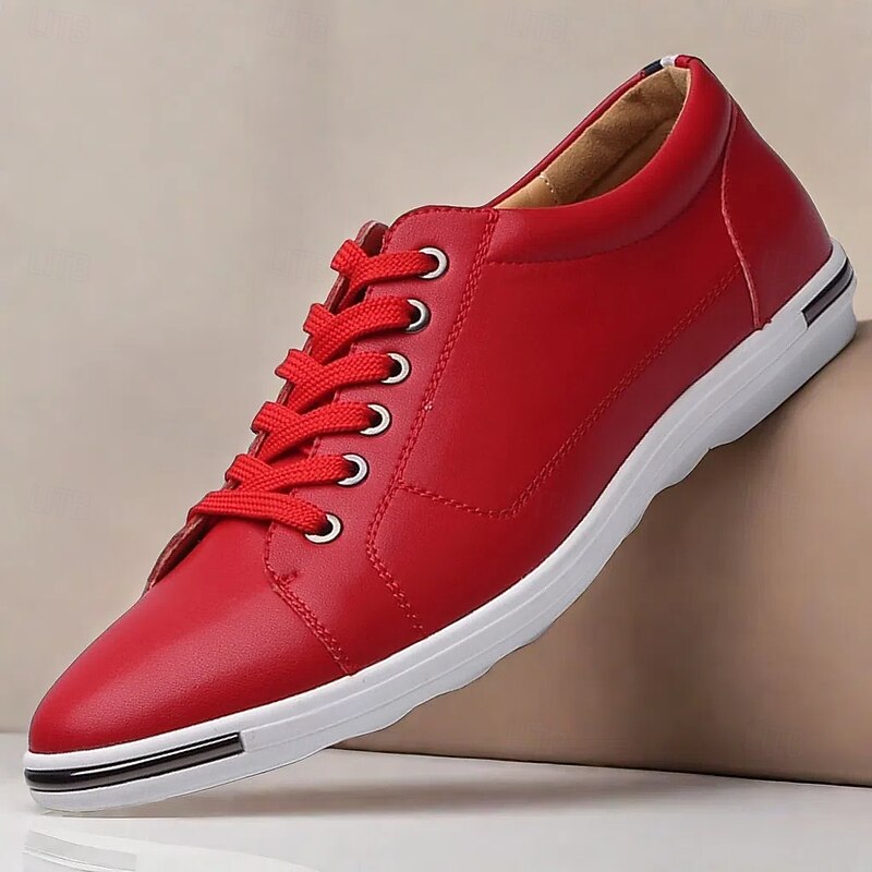Men's Red Lace-Up Casual Sneakers with White Sole - Stylish Faux Leather Shoes for Everyday Wear4