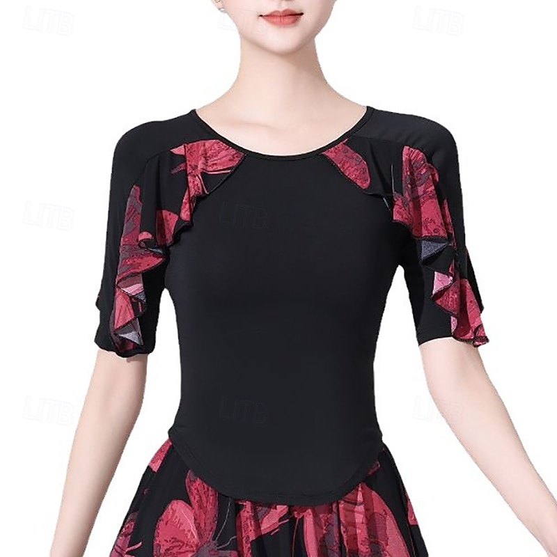 Latin Dance Top Printing Ruffle Splicing Women's Performance Training Half Sleeve High Polyester4
