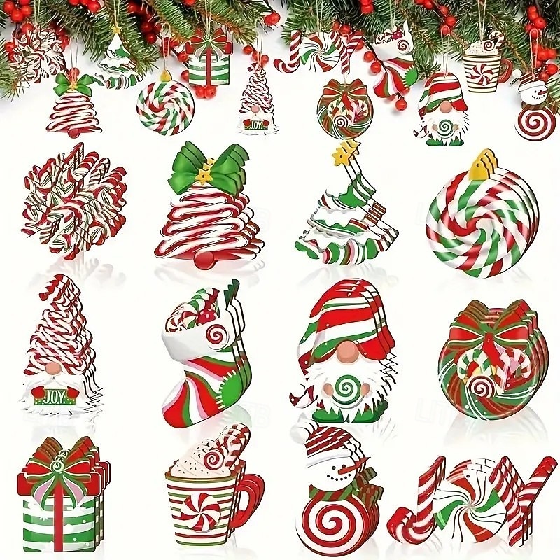 24pcs Christmas Wooden Ornaments, Xmas Tree Pendant Decoration - Vintage Wooden Peppermint Candy Canes, Snowmen, Gnomes, and Santa - Perfect for Tree or Home Holiday Decor