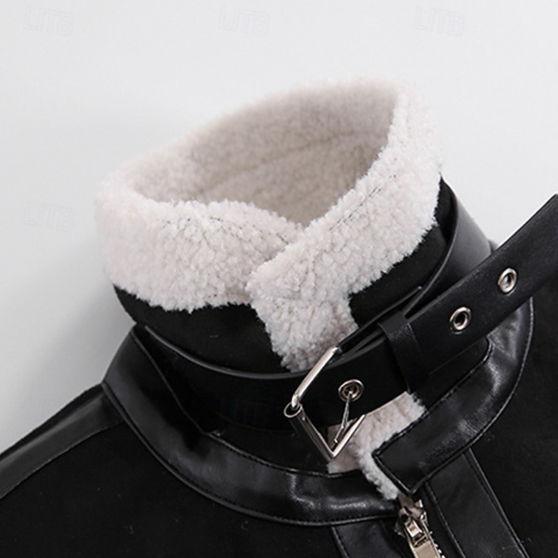 Men's Faux Leather Jacket Fleece Jacket Biker Jacket Motorcycle Jacket Daily Vacation Windproof Warm Pocket Fleece Fall & Winter Plain Fashion Classic Lapel Regular Black Jacket2