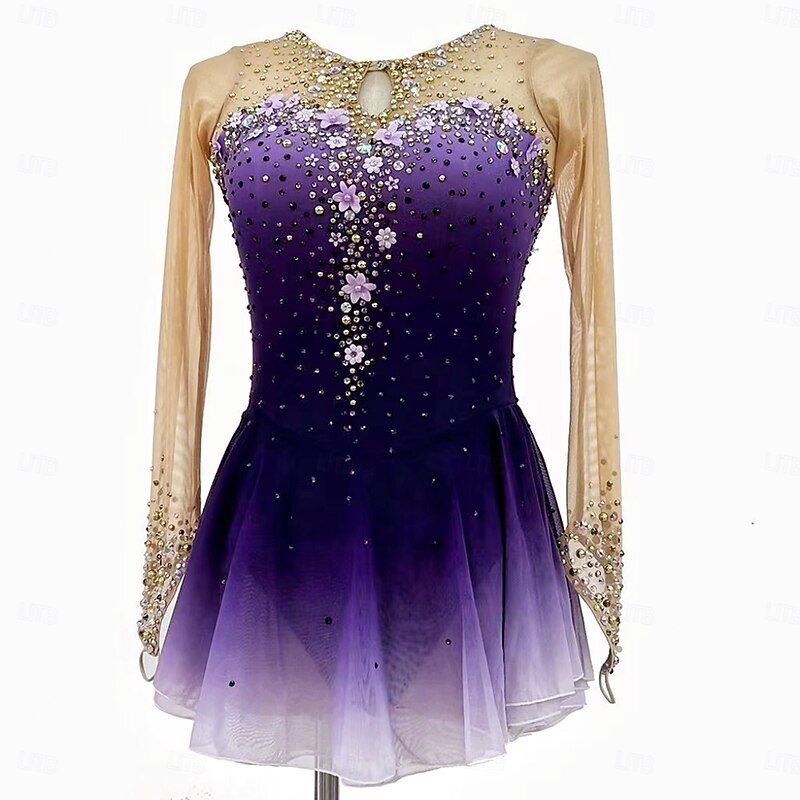 Figure Skating Dress Women's Girls' Ice Skating Dress Purple Dark Blue Thumbhole Halo Dyeing Mesh Spandex Stretchy Training Practice Professional Skating Wear Thermal Warm Classic Crystal / Rhinestone3