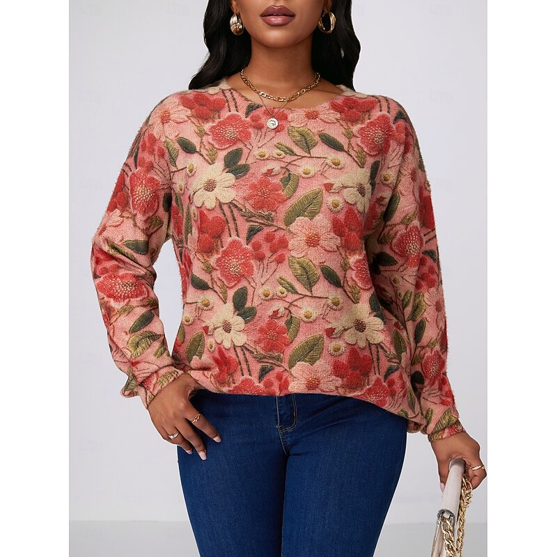 Women's Sweater Fashion Streetwear Casual Floral Graphic Crew Neck Digital print Long Sleeve Regular Tops Knit Outdoor Red Fall Winter2