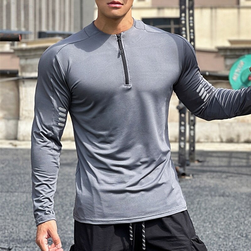 Men's Athletic Shirt Gym Shirt Fitness Shirt Padded Compression Shirt Quarter Zip Long Sleeve Jersey Casual Athleisure Fall Solid Colored Spandex Quick Dry Soft Breathable Gym Workout Walking Jogging3
