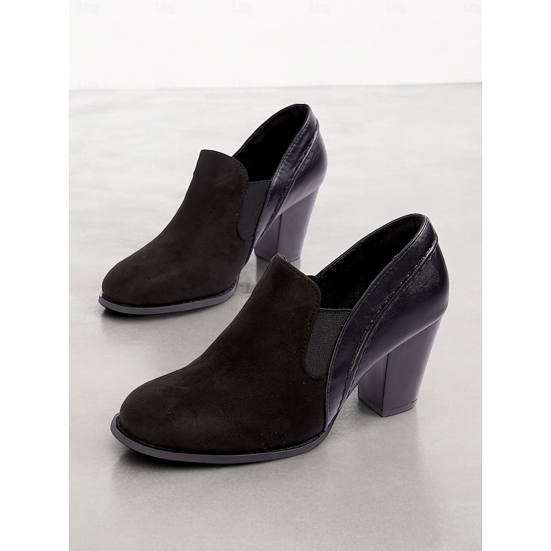 Women's Black Faux Suede Block Heel Slip-On Ankle Shoes – Comfortable and Stylish Office Pumps