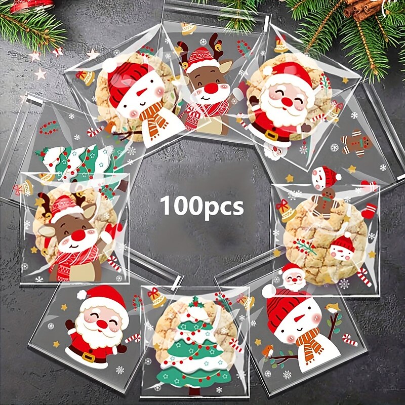 100pcs Christmas Treat Bags - Self-Sealing Disposable Opp Candy & Cookie Pouches With Festive Cartoon Designs For Holiday Gift OPP Self-adhesive Bag Christmas Candy Cookie Food Packaging Bag