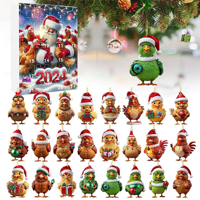 Christmas Advent Calendar Ornaments,2D Acrylic Cute Chicken Baby 24pcs Christmas Ornament Kit Gift 24 Days Countdown Mini Hanging Tree Xmas Ornaments for Christmas Party Decorations