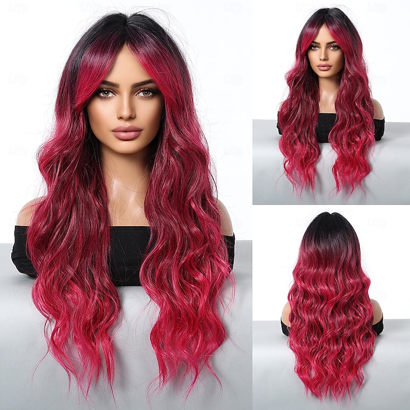 Synthetic Wig Uniforms Career Costumes Princess Curly Wavy Middle Part Layered Haircut Machine Made Wig 26 inch Black / Red Synthetic Hair Women's Cosplay Party Fashion Red