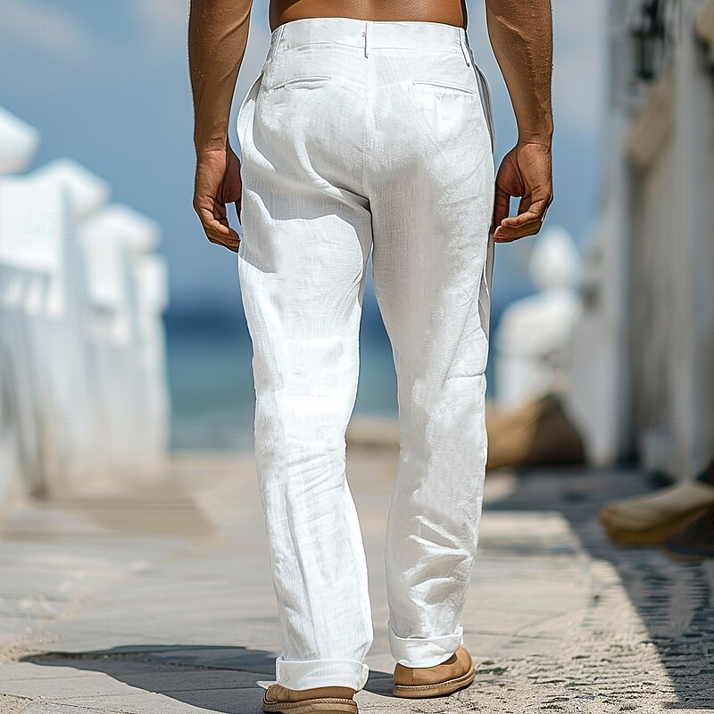 Men's Linen Pants Trousers Summer Pants Front Pocket Straight Leg Plain Comfort Breathable Casual Daily Holiday Fashion Basic White Beige2