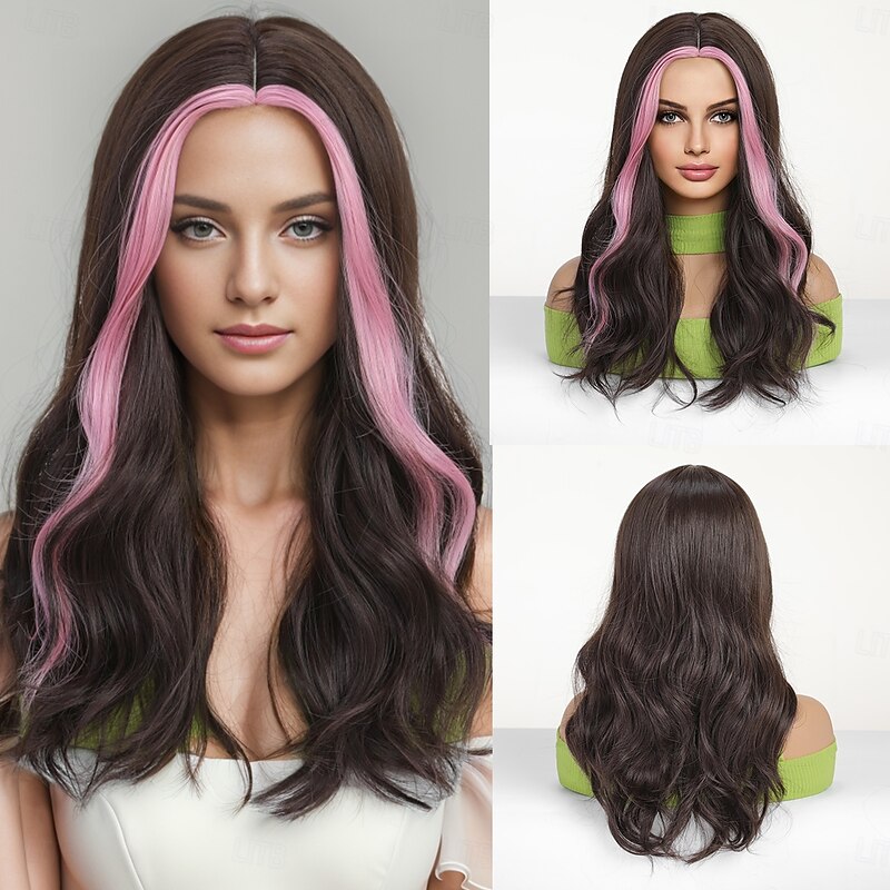 Synthetic Wig Wavy Bouncy Curl Middle Part Wig 26 inch Dark Brown Synthetic Hair Women's Middle Part Cool Adorable Dark Brown