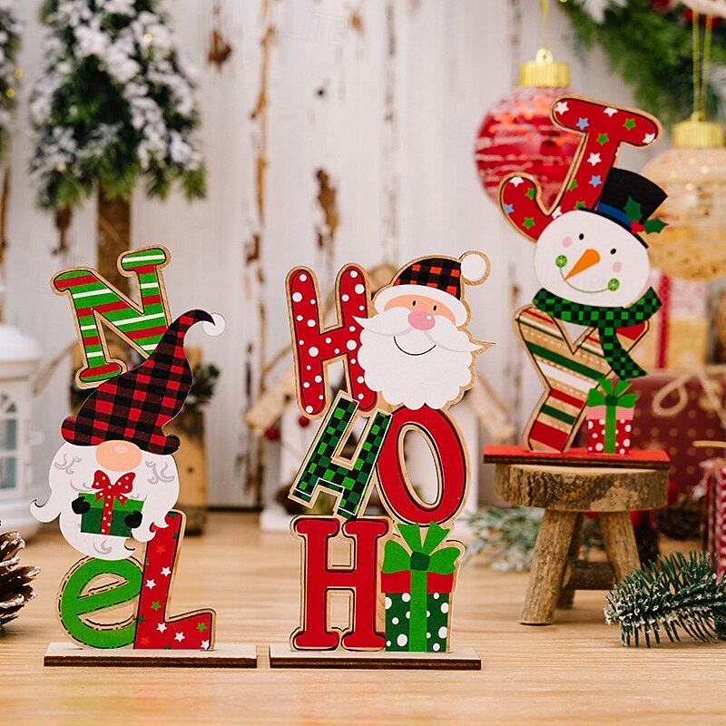 Christmas Wooden Figurines - Colorful Letter Ornaments, Snowman, Gnome, and Elderly Designs, Festive Wood Decor for Holiday Home Decoration2