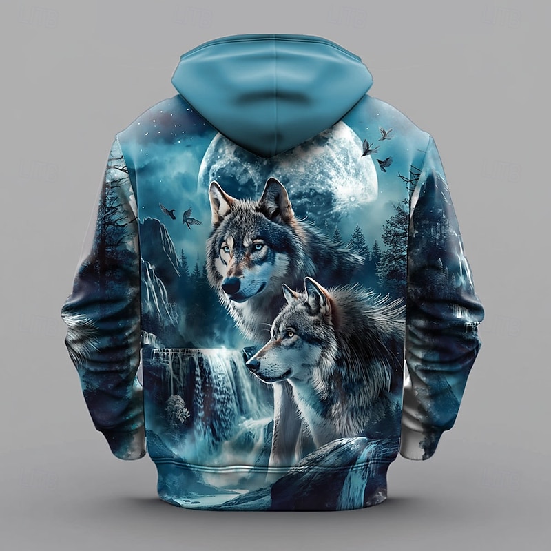 Men's Wolf Hoodie Hoodies Sweatshirt Fashion Daily Long Sleeve Hooded Holiday Travel Blue Drawstring Zipper Pocket Fall Winter Designer2