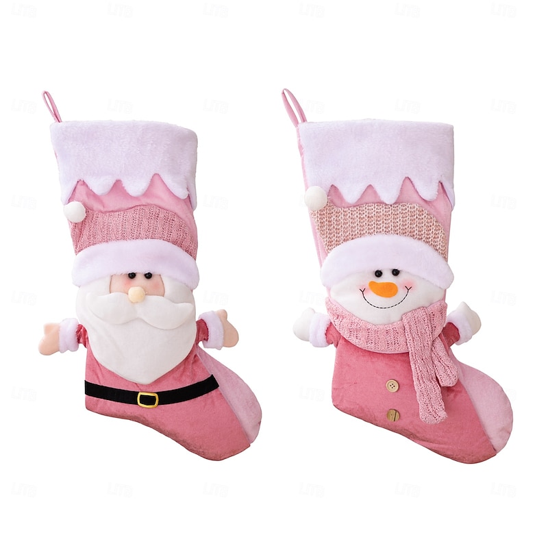 Christmas Pink Stockings for Nordic Decor, Festive Santa and Snowman Xmas Gift Bags, Holiday Pink Stocking Decorations and Gift Holders4