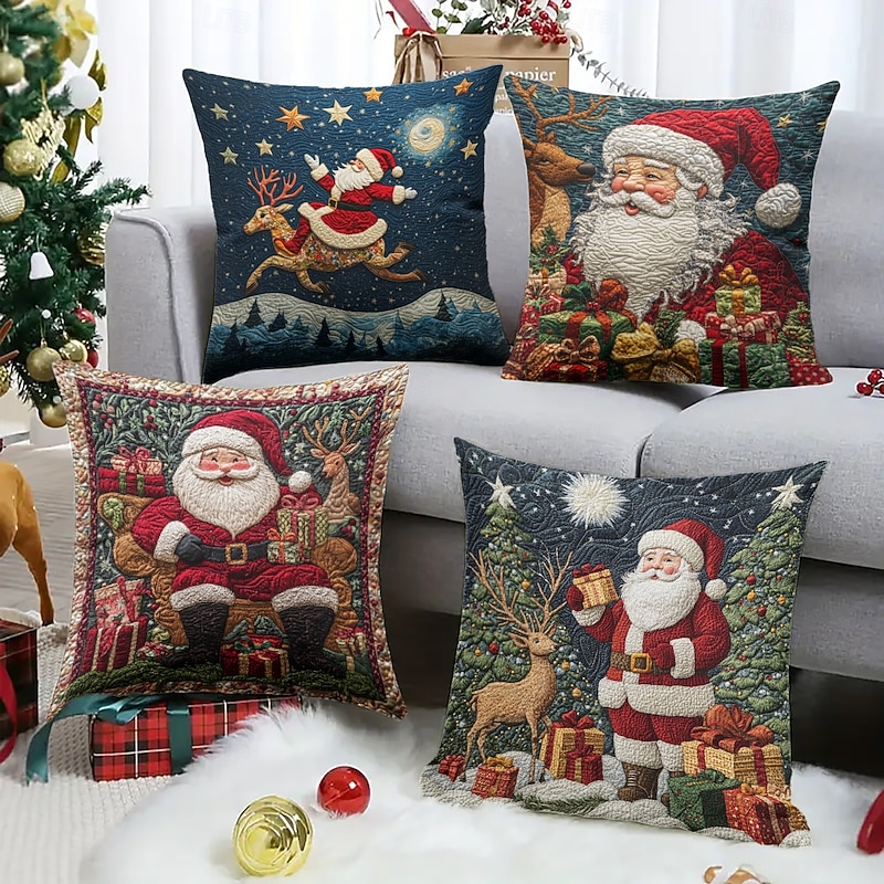 Christmas Decorations Decorative Toss Pillows Cover Quilting Art Santa 1PC Soft Square Cushion Case Pillowcase for Bedroom Livingroom Sofa Couch Chair
