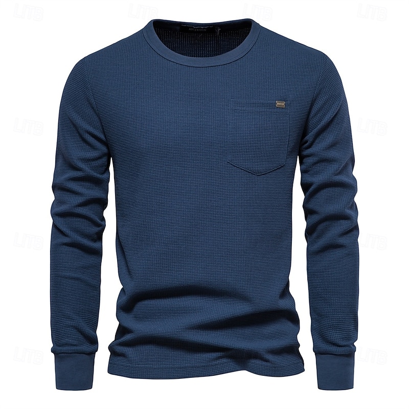 Waffle Cotton Solid Color T shirt for men Single Pocket Long Sleeve Men T-Shirts New Autumn Basic Breathable Tops Men
