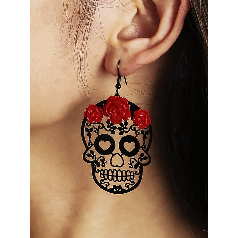 Day of the Dead Skull Earrings with Red Rose Detail – Gothic Halloween Jewelry for Women, Cosplay, and Festivals